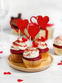 24pcs Valentine's Day Cupcake Toppers - Shiny Hollow Red Heart Design | Suitable For Wedding/Birthday, Baking Cake Decor And Cake Flags - Multicolor - View 5