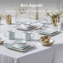16-Piece Ceramic Dinnerware Set For 4, Grooved Texture & Gold Trim, Microwave/Oven/Dishwasher - trắng - Xem 3