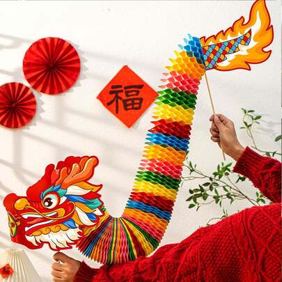3D Paper Dragons Chinese Vietnamese New Year Handheld 5.2 Ft, 1pc Large DIY Garland Dragon Puppet Craft Kit, 2026 Spring Festival Parade Dragon Props For Lunar Horse Year Party Decorations