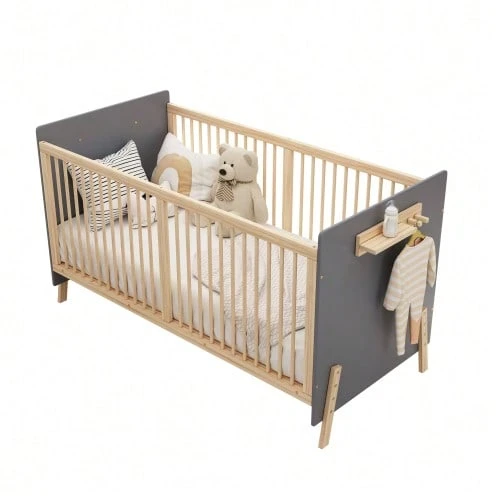 Solid Wood Baby Cot, Adjustable Height To Three Positions, -Paint Finish, Can Be Used As A Baby Cot/Sofa Bed, Mattress Not Included, Blue-Grey And Natural Wood Colour, 163 X 80 X 92 Cm - Blue - View 1