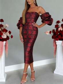 Christmas Elegant Red Rose Jacquard Strapless Dress, Suitable For Valentine's Day, Christmas Party