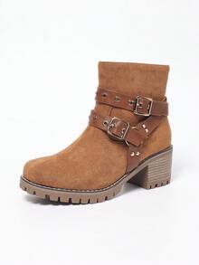 Bottes de mode pour femmes au style punk, élégantes et polyvalentes, avec talon épais, bout rond, boucle décorative et rayures de chameau - Camel - Voir 6
