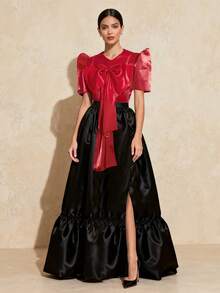 Amyenjoylife 现代菲律宾风情上衣，红色泡泡袖浪漫蝴蝶结衬衫 - 紅色 - 查看 3