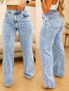 Quần jeans nữ màu xanh nhạt dáng suông, chất liệu denim bạc màu, có túi, kiểu dáng thường ngày, thích hợp cho mùa xuân. - Màu xanh lam - Xem 1