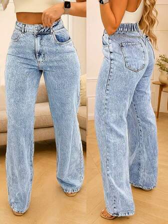Light Blue Women's Straight Leg Jeans Washed Denim Jeans With Pockets