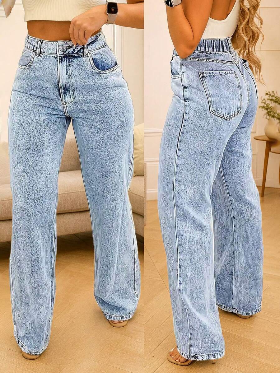 Quần jeans nữ màu xanh nhạt dáng suông, chất liệu denim bạc màu, có túi, kiểu dáng thường ngày, thích hợp cho mùa xuân. - Màu xanh lam - Xem 1