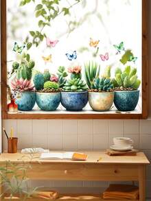 1 Peça Adesivo de Janela com Planta em Vaso Verde Pendurada, Adesivo de Janela com Planta Verde Tropical, Adesivo de Parede Removível com Cenário de Vaso de Cacto e Borboleta, Adesivo Decorativo Autocolante, Adequado para Decoração de Parede do Quarto, Sala de Estar, Escritório, Cozinha, Decoração Doméstica - Multicolorido - Visão 6