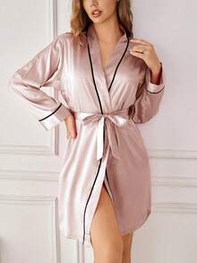 Áo choàng ngắn nữ màu trơn, thanh lịch, thắt eo, nhẹ, mềm mại và thoải mái, đồ mặc nhà, đồ ngủ (màu hồng) Trang trí phòng tắm - Hồng - Xem 3