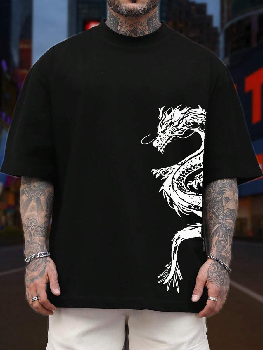 Men's Oversized T-Shirt With Dragon Print, Casual Streetwear, Comfortable, Premium Cotton Knit, - màu đen - Xem 1