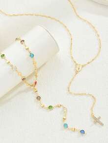 This Versatile Diamond-Encrusted Cross Pendant Necklace Can Be Layered With Long Jewelry - Gold - View 3