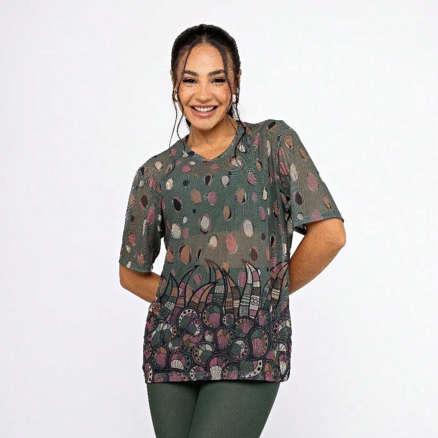 Women's Printed Tulle Blouse/Shirt, Lightweight And Stylish, Perfect For Layering, Fitness, And Modern Casual Looks. Oversized Shirt. - 冬日花園 - 查看 1