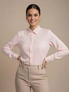 Women's Dress Shirt With Rhinestone Collar | Long-Sleeved Blouse In Plain Fabric With Rhinestone-Decorated Collar - Rose - View 3