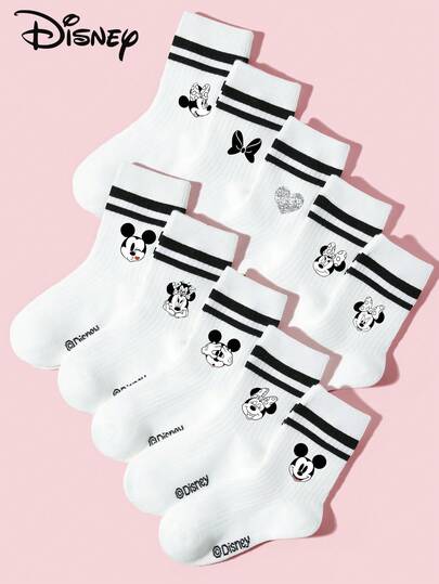 Disney 1/5/10 Pairs Spring/Summer Kids/Girls/Boys White Stripe Socks/Ankle Socks, Cute Cartoon Mickey/Minnie/Bow Pattern, Fashionable, Soft, Breathable, Moisture-Wicking, Comfortable, Suitable For School, Outdoor, Holidays