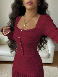 Women's Pink Textured Fabric Casual Vacation Style Long Sleeve Square Neck Button-Up Top And Maxi A-Line Skirt 2 Pieces Set, Autumn