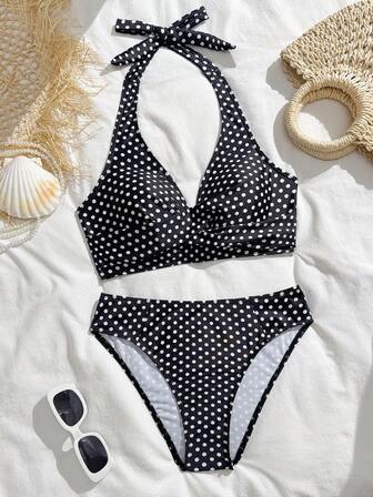 复古波点深V领两件式性感针织系带泳衣，沙滩度假，春夏款