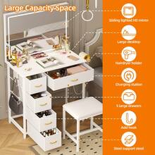 Tomnk LED Lighted Vanity Table Set With 80cm Large Mirror, 3 Color Adjustable Lights, 5 Fabric Drawers & Storage Shelf, White Makeup Dressing Desk With Stool, USB Powered Bedroom Vanity For Women - 美規B型插(110-127V) - 查看 7