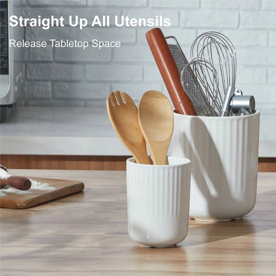 2pcs Ceramic Utensil Holders, 7.5"+5.5", Large Kitchen Countertop Organizers, Modern Decor For Spatulas, WhiteHome Decor, Party Storage, Christmas Storage, New Year Storage - White - View 1