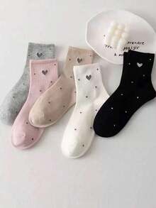 5 Pairs Women's Polka Dot & Heart Crew Socks Mid-Calf Socks, Fashion Versatile Athletic Socks, Suitable For All Seasons - Multicolor - View 4