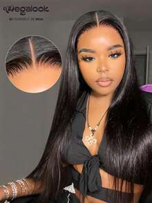 MEGALOOK 20英寸无缝柔顺直发假发，100%真人发丝 - 6英寸深蕾丝T字型假发，预剪蕾丝，12/20英寸波波头假发，预漂白发结，自然发际线，无胶假发 - SNatural - 查看 1