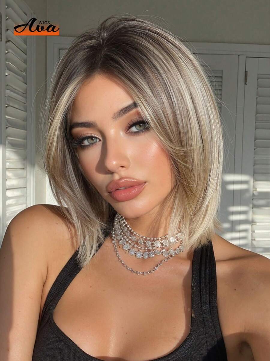 10 Inch Piano Color Short Bob Wig, Dark Roots, Heat Resistant Synthetic Wig, Suitable For Women's Daily Wear, School And Music Festival Celebrations, Graduation And Holiday Gifts, Exquisite Accessory - 間色 - 查看 1