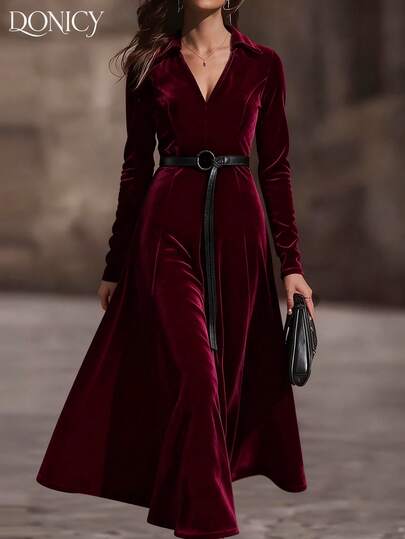 DONICY Women's Solid Color V-Neck Velvet Long Dress With Waist Belt, Fashionable Retro Elegant Luxury Black Maxi Dress, Suitable For Casual, Business, Formal Occasions, Dating, Carnival Party, Guest Attire