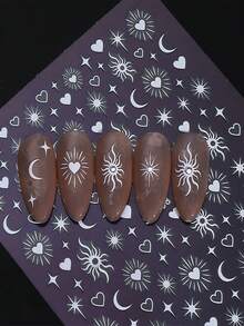 6片波西米亚风3D美甲贴纸，6张激光雕刻黑白银金星月日图腾心形图案自粘美甲贴花，复古DIY美甲装饰简易美甲用品 - 彩色 - 查看 7