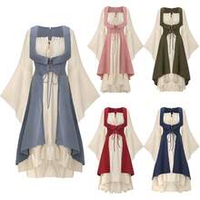 2pcs Medieval Renaissance Women's Costume, Low-Cut Pirate Peasant High-Low Hem Dress With Collar, Vintage Contrast Color Fitted Dress, Flared Sleeves, Maxi Skirt, One-Shoulder Dress, For Women Cosplay Performance - 彩色 - 查看 11