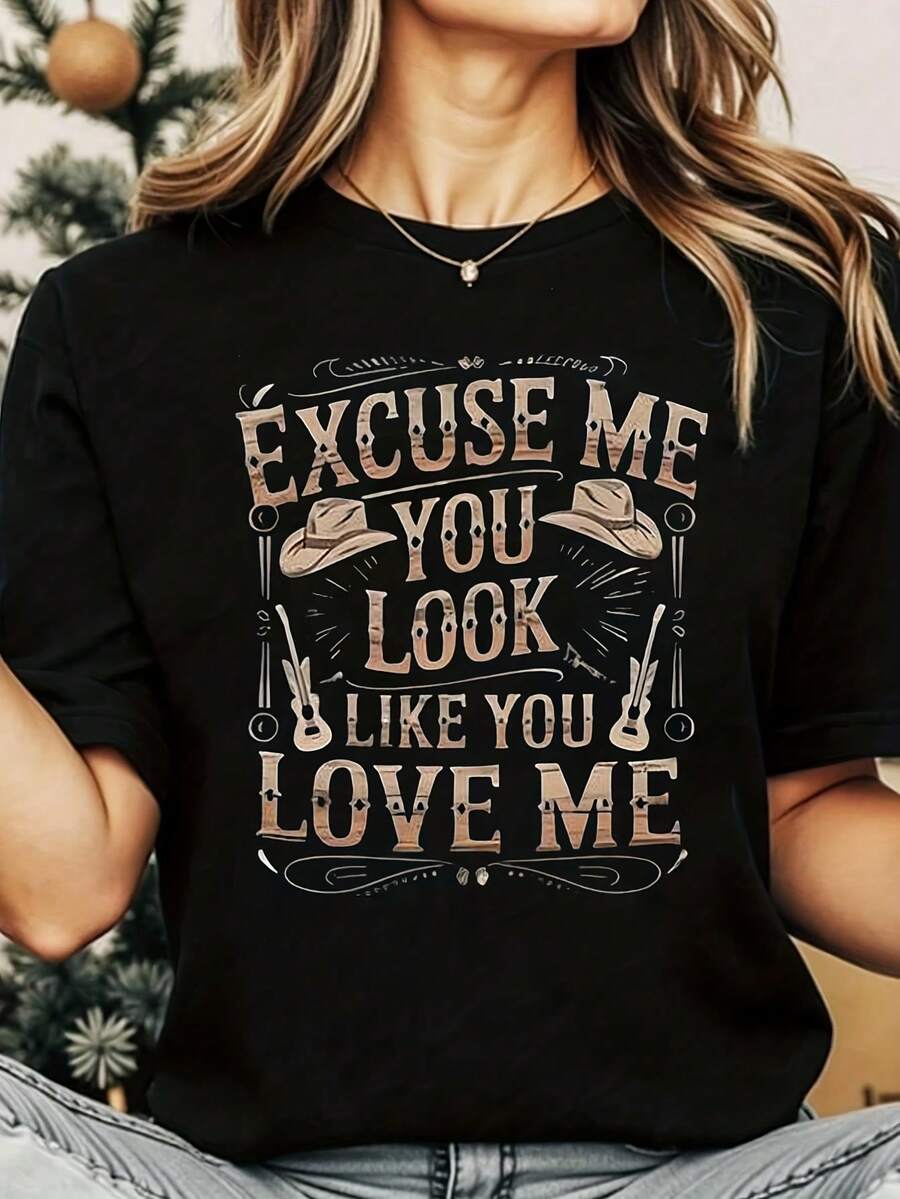 Women Round Neck T Shirt Excuse Me You Look Like You Love Me Western Hat And Guitar Print Short Sleeve Casual Summer Top For Country Music Fans - màu đen - Xem 1