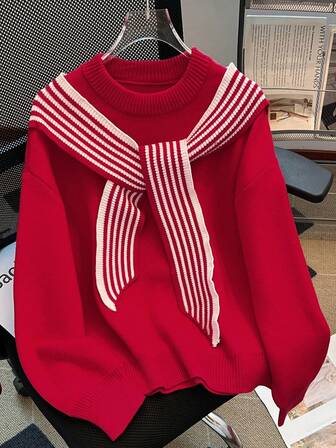 女式纯色长袖圆领毛衣，秋冬时尚休闲航海条纹撞色围巾装饰宽松针织套头衫
