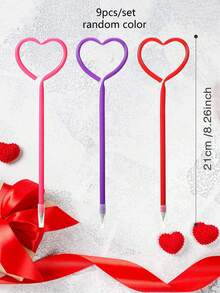 9pcs/Set Random Color Valentines Day Pens Heart Shape Pens Rollerball Pens Valentine Party Favor Pens Black Gel Ink, Ballpoint Pen For School Boys And Girls Office Supplies (Red) - Multicolor - View 7