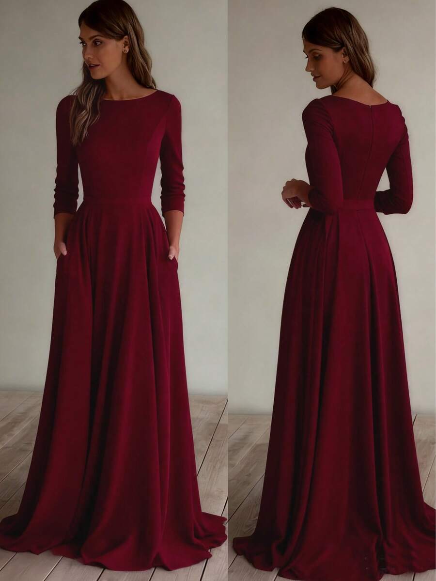 Solid Color Elegant Knit Fabric Zipper Pleated Wedding Spring - Burgundy - View 1