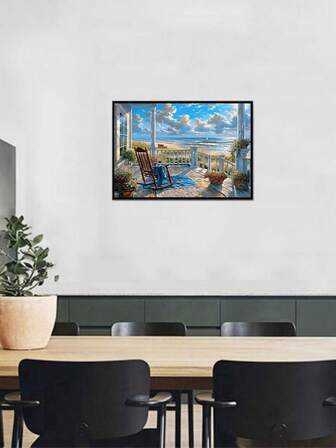 1幅DIY钻石画 - 风景小屋、摇椅、天空，家居装饰，全钻，40x30厘米/50x40厘米