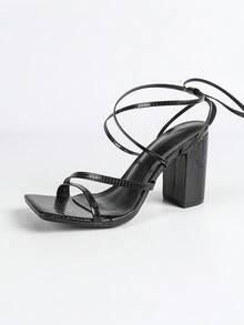 女士黑色高跟凉鞋,长系带至小腿,方头粗跟,舒适时尚百搭高跟鞋;粉色简约露趾鞋,拉长腿部线条,春夏穿搭 - 黑色 - 查看 7