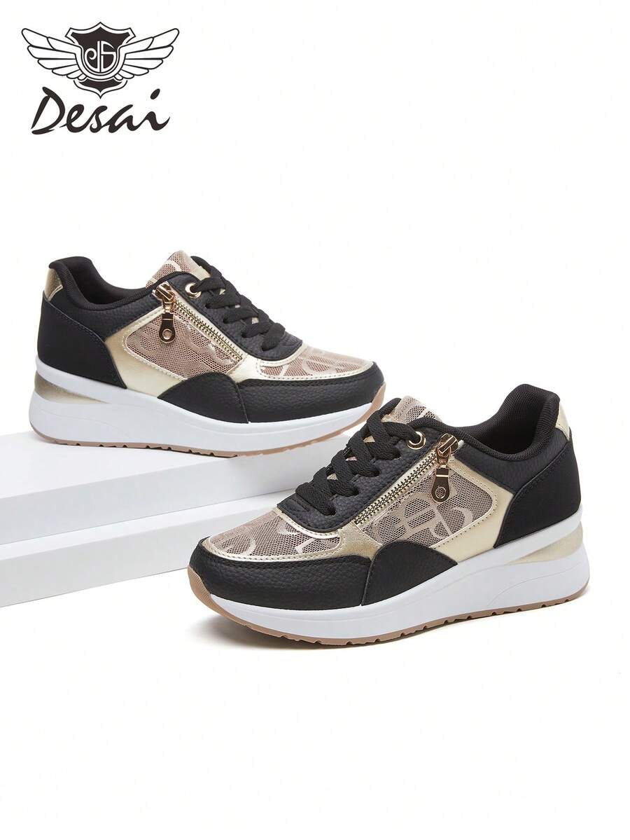 DESAI Women's Thick Sole Sneakers With Side Zipper Design, Printed Pattern, Fashionable Niche Chunky Sneakers, Comfortable & Breathable - Black - View 1