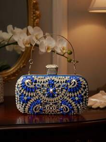 1pc Metal Handle Rhinestone Decor Evening Clutch Bag, Women's Gold Wedding Party Handbag, Chain Shoulder Bag, Compact Valentine's Day Gift - Blue - View 2