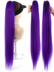 32英寸紫色长直马尾辫，合成纤维抽绳/发爪夹式马尾辫，可拼接式接发，女士直马尾辫 - 彩色 - 查看 11