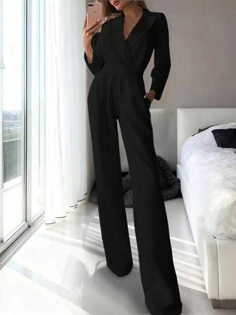 Women's Solid Color Lapel NeckLong Sleeve Pleated Pocket Casual Jumpsuit