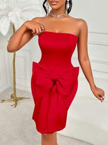 Amarilo 女士秋冬蝴蝶结抹胸迷你连衣裙，优雅时尚的无袖设计，修身剪裁，弹力针织面料，蝴蝶结抹胸细节，适合居家、休闲场合、新年、万圣节、圣诞节/派对等场合穿着。 - 紅色 - 查看 5