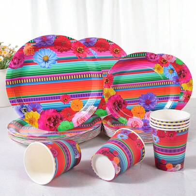 10个/套一次性纸盘，7/9英寸，墨西哥条纹花卉图案，适用于派对、下午茶、生日、庆典、家庭聚会、野餐、礼品、日常装饰、婚礼下午茶餐具