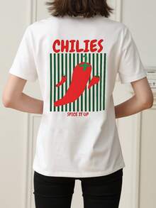 New Women Soft Versatile Casual Loose Fit Round Neck Lightweight Chili Pepper Print T-Shirt, Spring/Summer - White - View 2