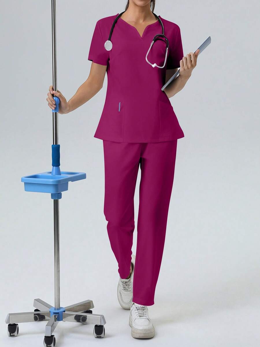 V-Neck Short Sleeve Top And Pocketed Pants Scrub Uniforms Nurse Set - Red Violet - View 1