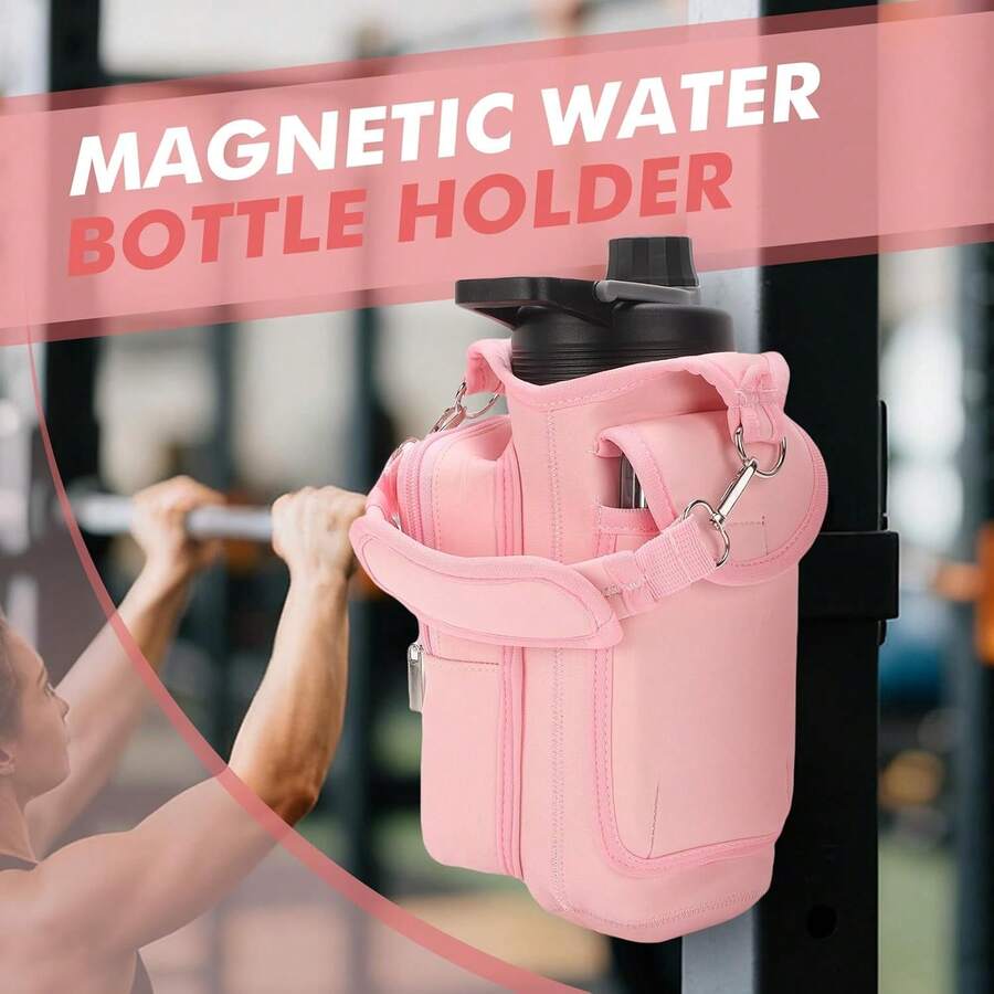 Gugxiom Bolsa magnética para Gimnasio, Funda Magnética para Botella de Agua, con Bolsillo para el móvil y Bandolera, para Fitness, Viajes, Escuela - Beis - Ver 1