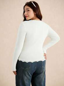 Plus Size Women's Christmas Sweater Gift, White Solid Color V-Neck Long Sleeve Fitted Knit Cardigan, Lace Patchwork, Small Buttons, Lettuce Trim, Fashionable Sexy Blouse, Thanksgiving Outfit - White - View 4