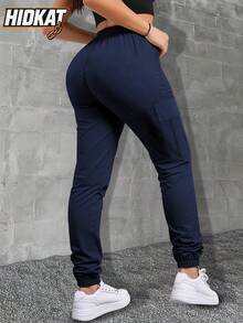 Hidkat Quần Cargo cạp rút có túi cho nữ, quần dạo phố thoải mái cho mùa thu và mùa xuân - Màu xanh hải quân - Xem 3