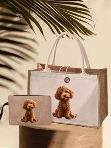 可爱萌狗图案手提包，带化妆包，女士便携式拉链钱包，时尚旅行洗漱包，午餐盒包，书包，学校旅行沙滩女装多功能包 - 彩色 - 查看 8