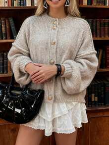 女士宽松圆领金属纽扣休闲纯色灯笼袖加厚针织开衫外套，Y2K风格，秋冬款 - 卡其色 - 查看 3