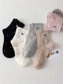 5 Pairs Women's Polka Dot & Heart Crew Socks Mid-Calf Socks, Fashion Versatile Athletic Socks, Suitable For All Seasons - Multicolor - View 3