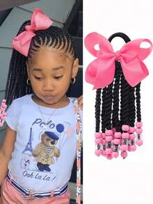1 pieza Peluca de coleta trenzada con cuentas y lazo para niñas, estilo trenzado con clip, adecuado para niñas - Negro natural - Ver 14
