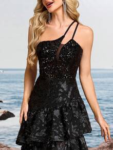 Vestido de fiesta de una sola manga con lentejuelas y volantes en capas, vestido de princesa de longitud hasta el piso, vestido de bola con abertura alta y ajustado, vestido de mujer sexy sin mangas de lujo con vendaje en la espalda para fiesta de cumpleaños, ocasión especial, moda, vestido de noche, vestido formal de dama, Año Nuevo, regreso a casa, ropa vintage, romántico, invitado de boda