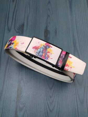 1pc Men's Automatic Buckle Leather Belt, White Bohemian Print, Versatile Business Casual Young Men's Decorative Belt, 120cm Length